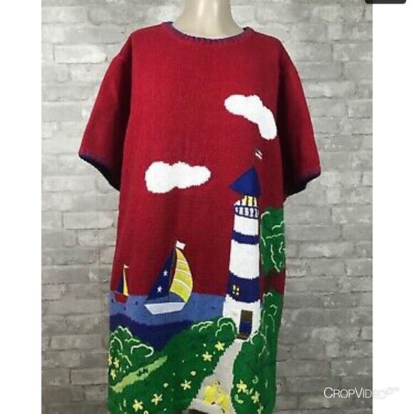 Quacker Factory Lighthouse Red Knit Sweater Sailboat Short Sleeve Women Medium - Picture 11 of 16